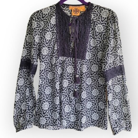 Tory Burch cotton geometric print l/s tie-neck blouse in Navy | in size 8 | - Picture 2 of 9